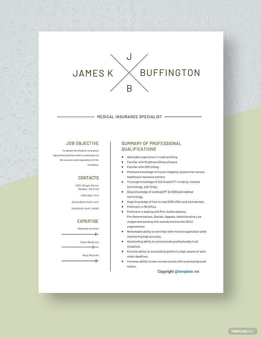 Medical Insurance Specialist Resume Template