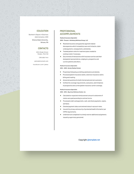 Medical Insurance Specialist Resume Template