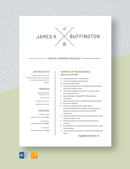 Medical Insurance Specialist Resume Template - Word, Apple Pages