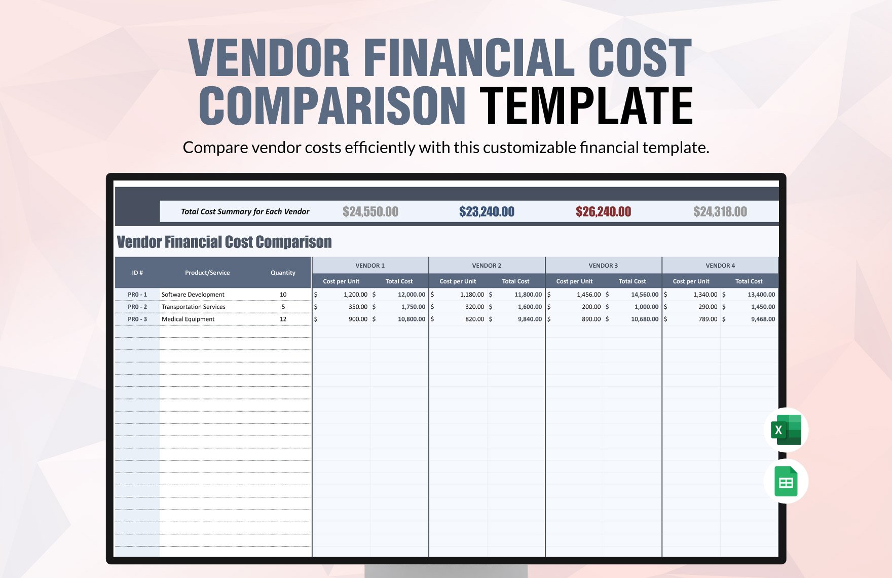 Vendor Financial Cost Comparison Template in Excel, Google Sheets