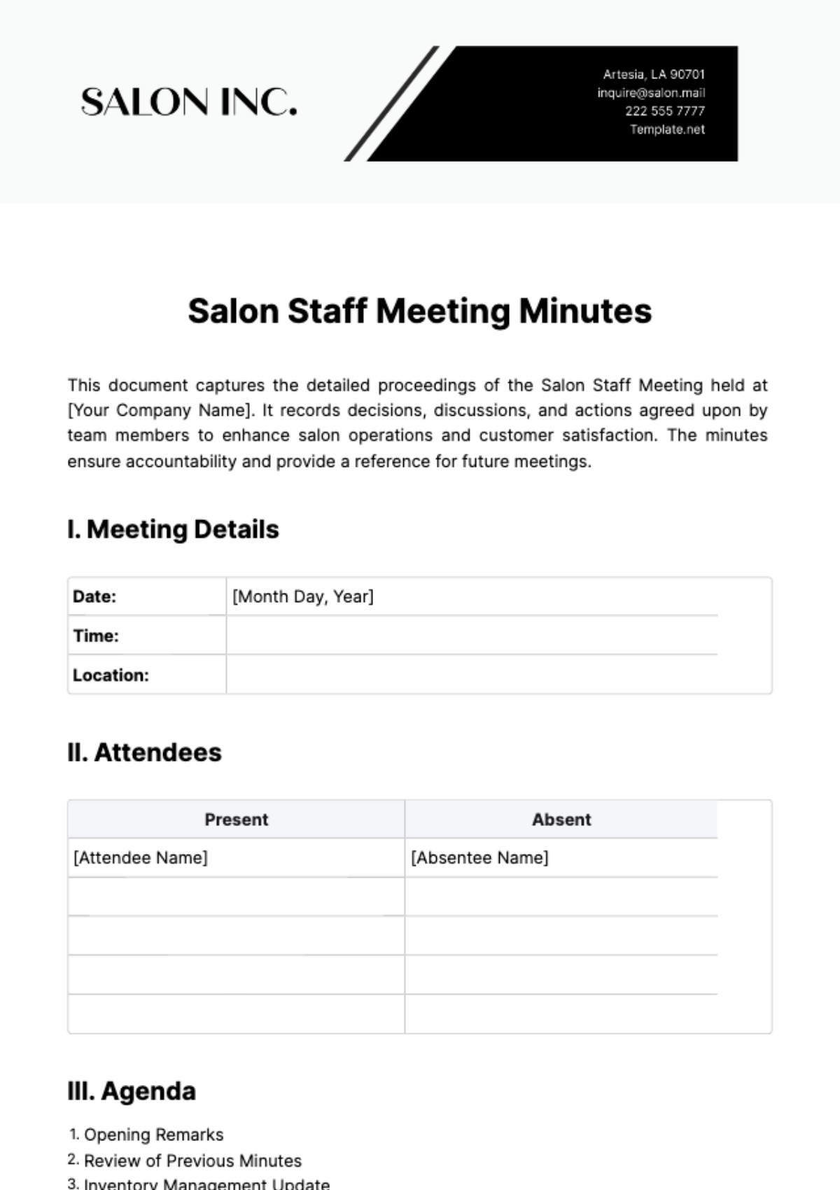 Free Salon Staff Meeting Minute Template