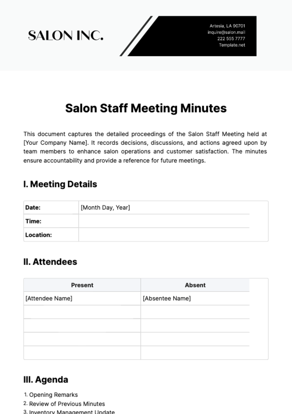 Salon Staff Meeting Minute Template - Edit Online & Download