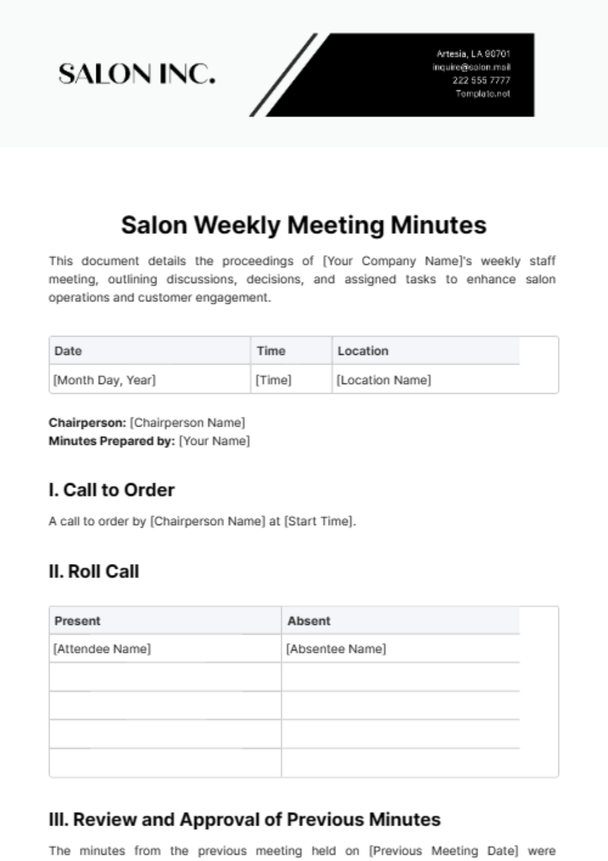 Salon Weekly Meeting Minute Template