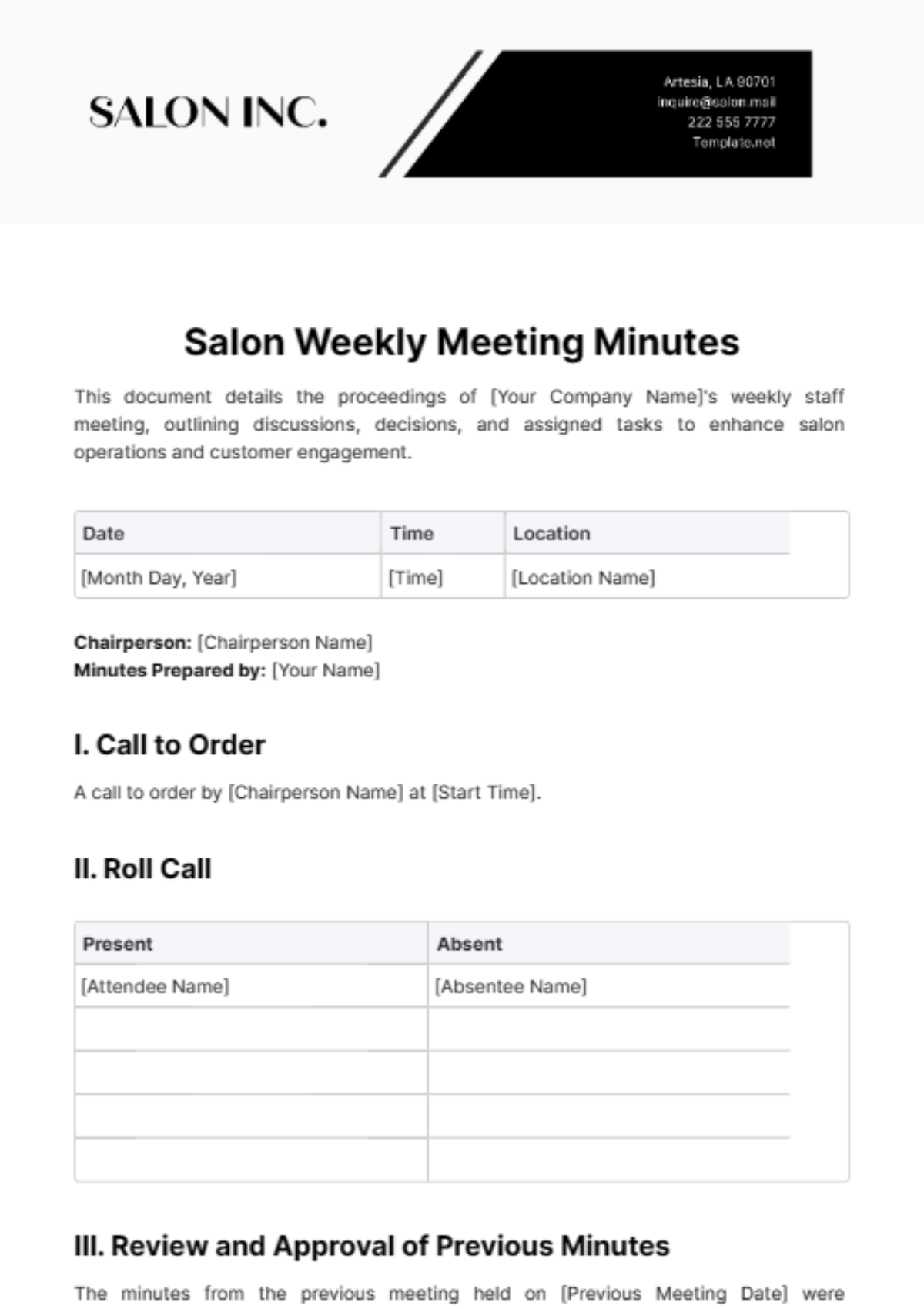 Salon Weekly Meeting Minute Template - Edit Online & Download