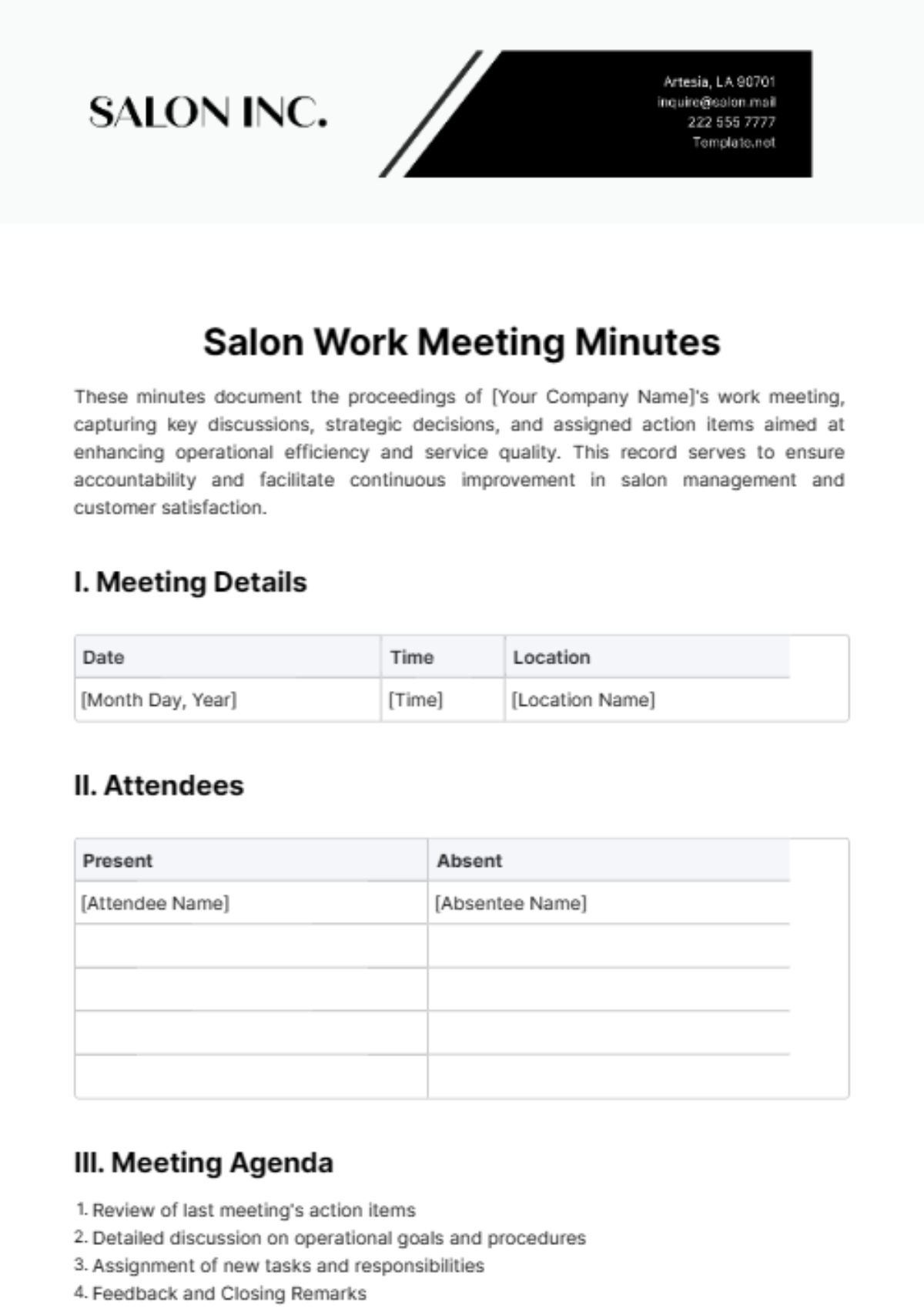 Free Salon Work Meeting Minute Template