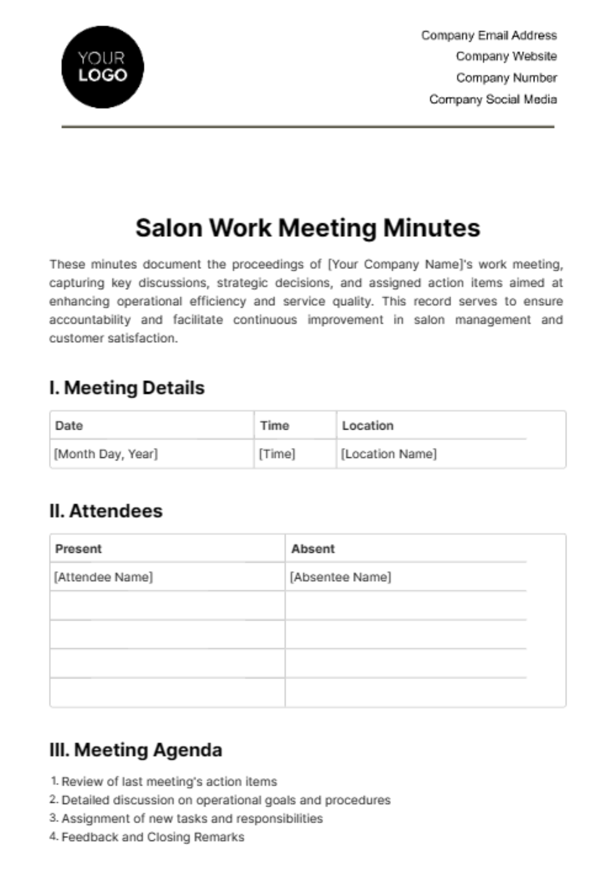 Salon Work Meeting Minute Template