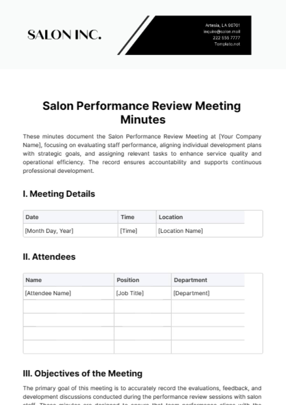 Free Salon Performance Review Meeting Minute Template
