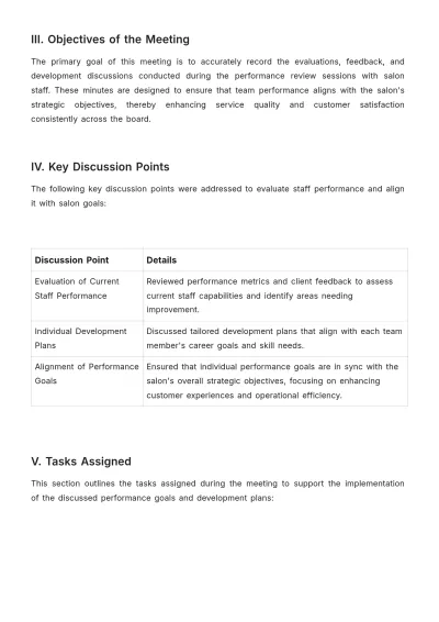 Free Salon Performance Review Meeting Minute Template to Edit Online