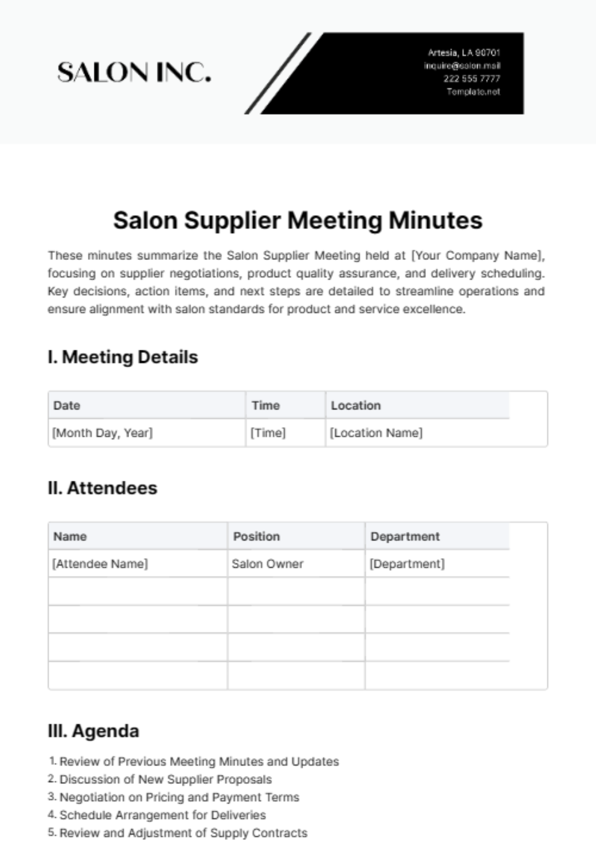 Salon Supplier Meeting Minute Template
