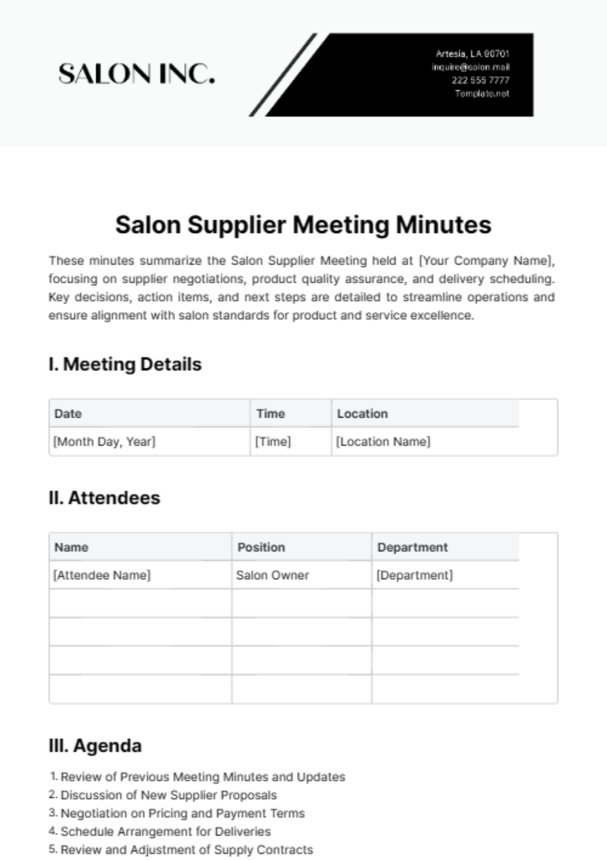 Salon Supplier Meeting Minute Template - Edit Online & Download