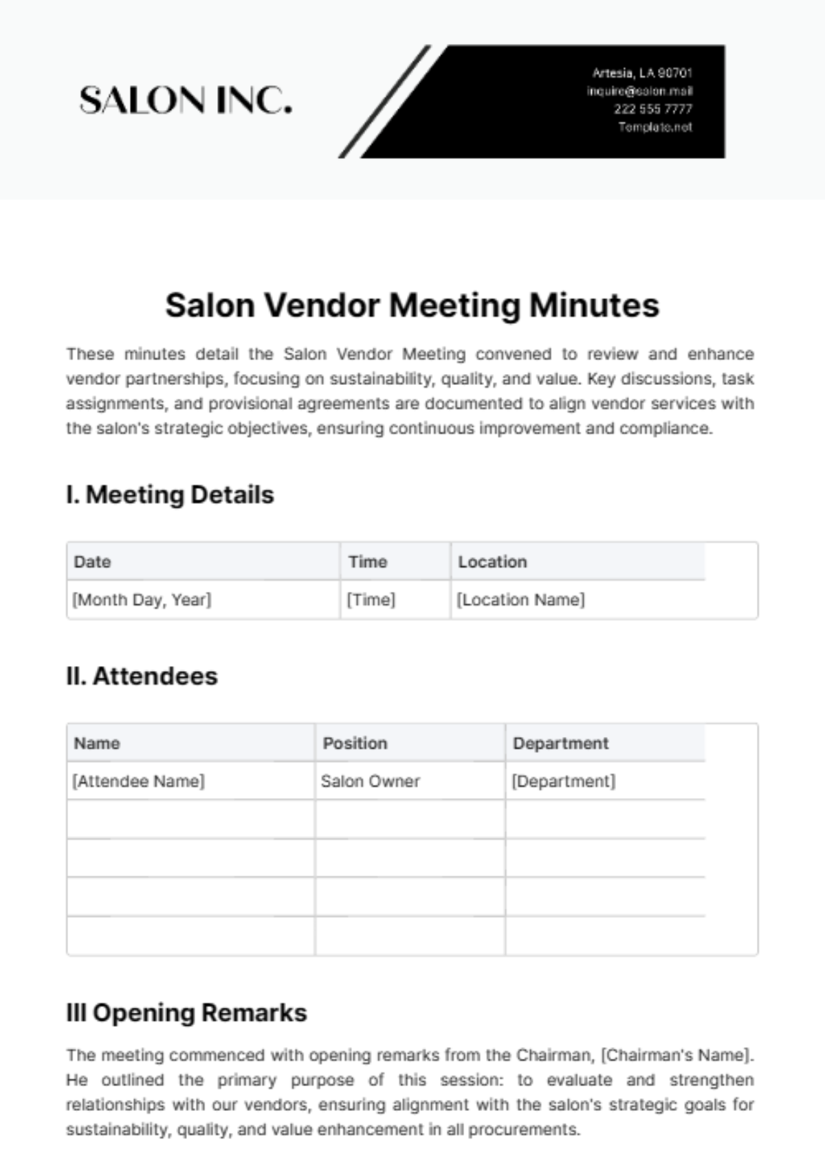 Free Salon Vendor Meeting Minute Template
