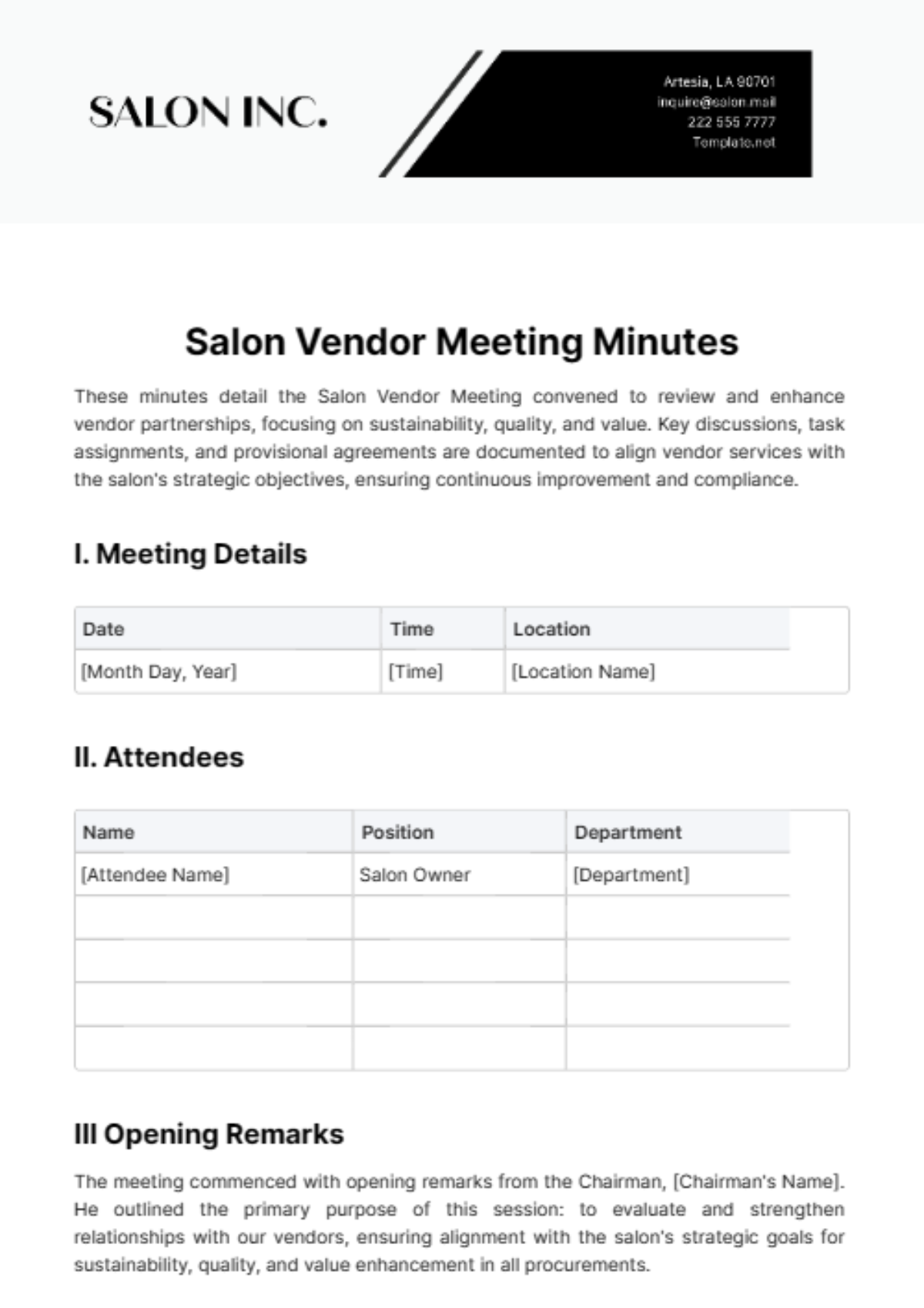 Salon Vendor Meeting Minute Template - Edit Online & Download