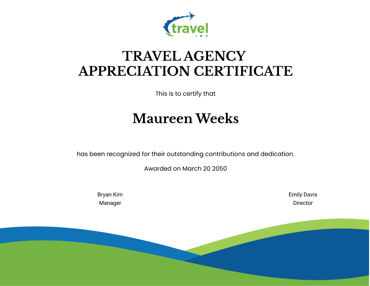 Travel Agency Appreciation Certificate