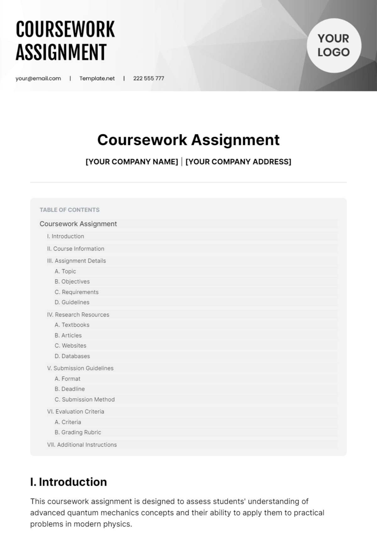 Free Coursework Assignment Template