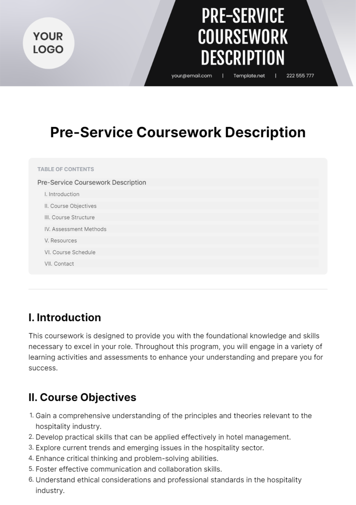 Pre-Service Coursework Description Template