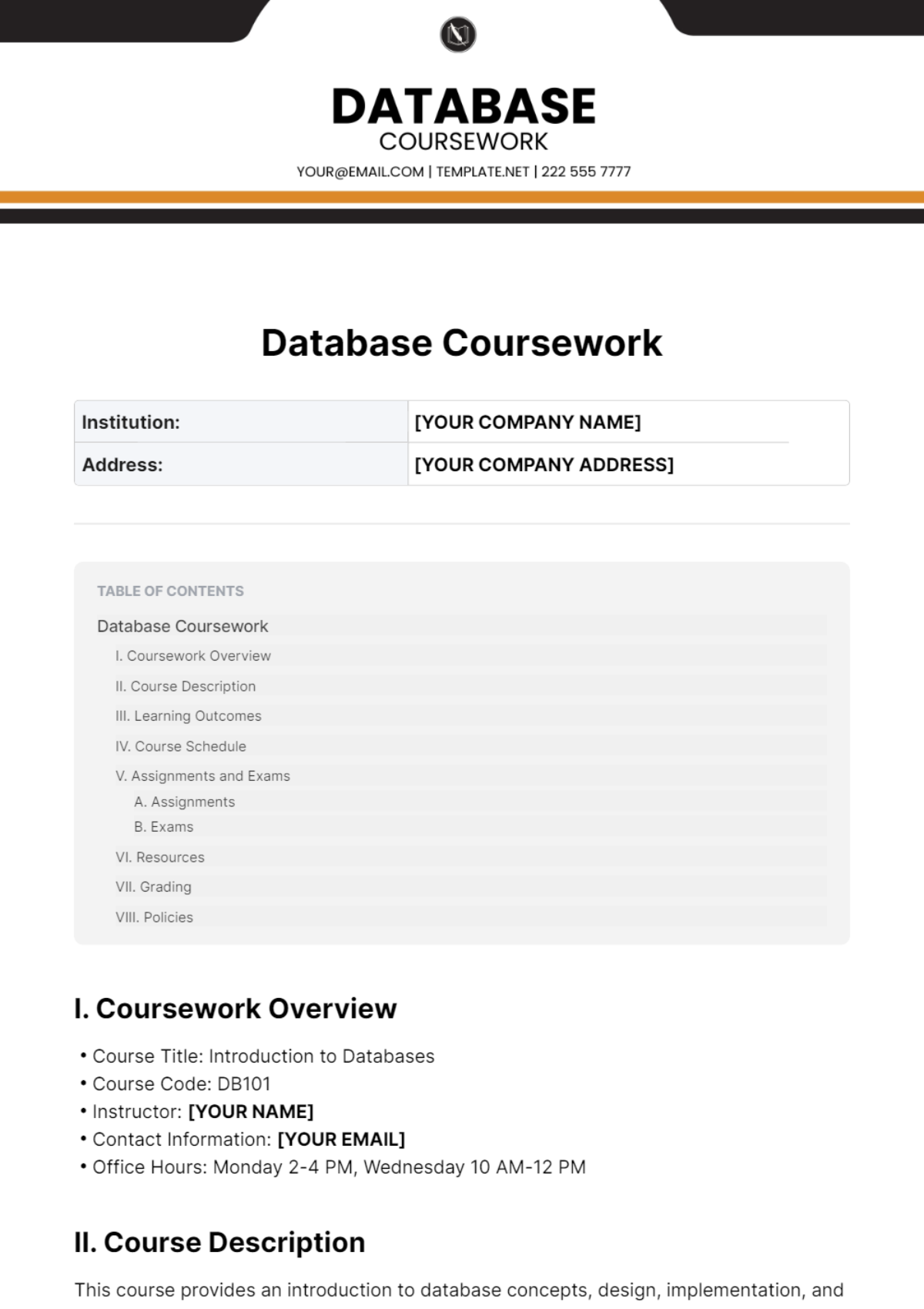Free Database Coursework Template