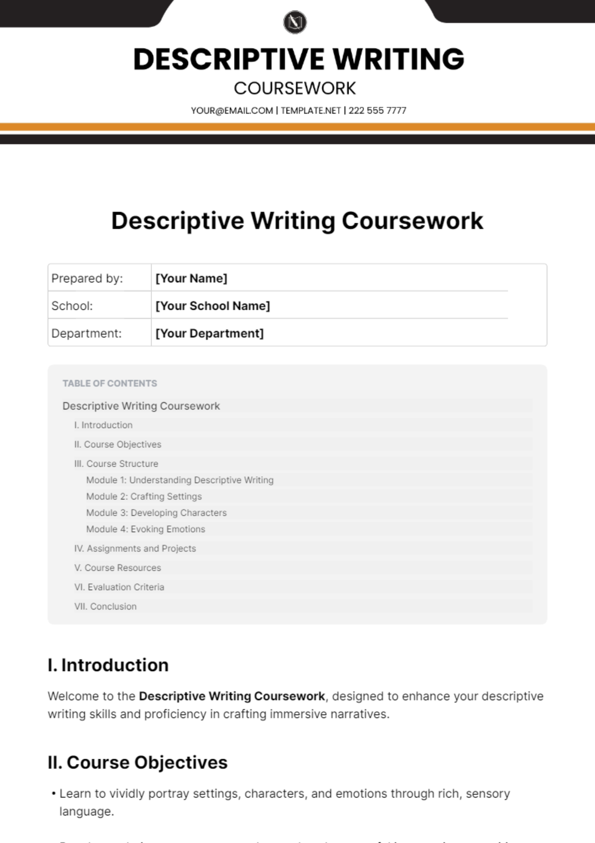 Descriptive Writing Coursework Template