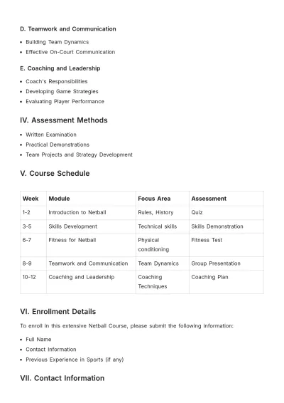 Free Netball Coursework Template to Edit Online
