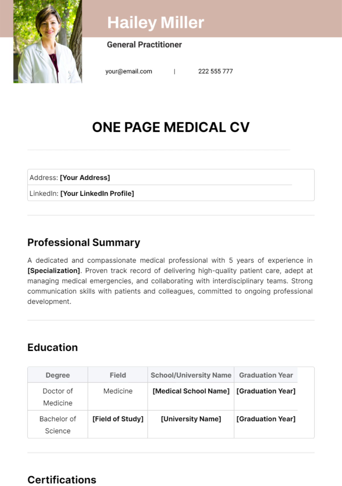 One Page Medical CV Template - Edit Online & Download