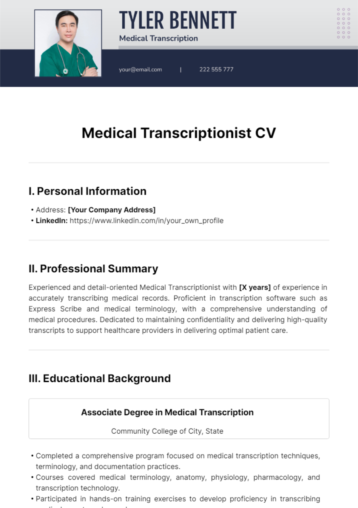 Medical Transcriptionist CV Template - Edit Online & Download