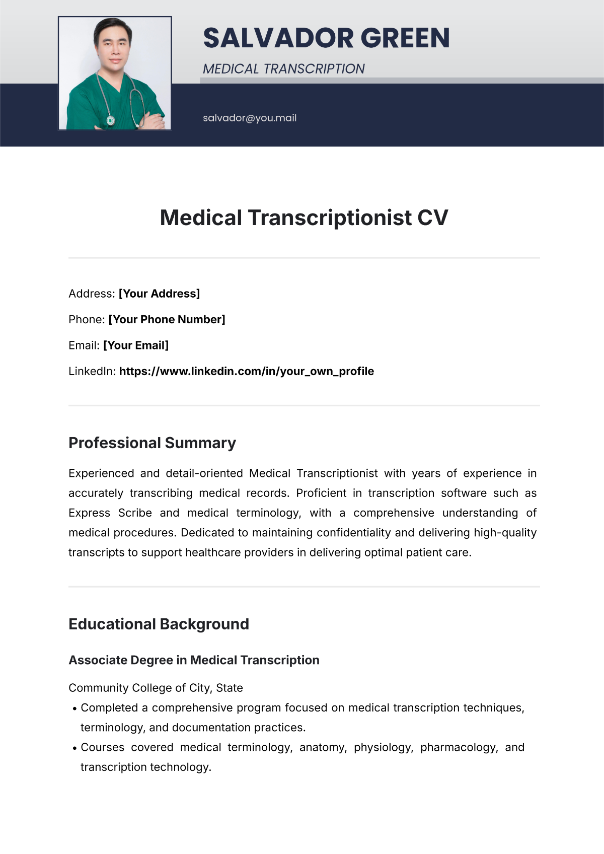 Free Medical Transcriptionist CV Template