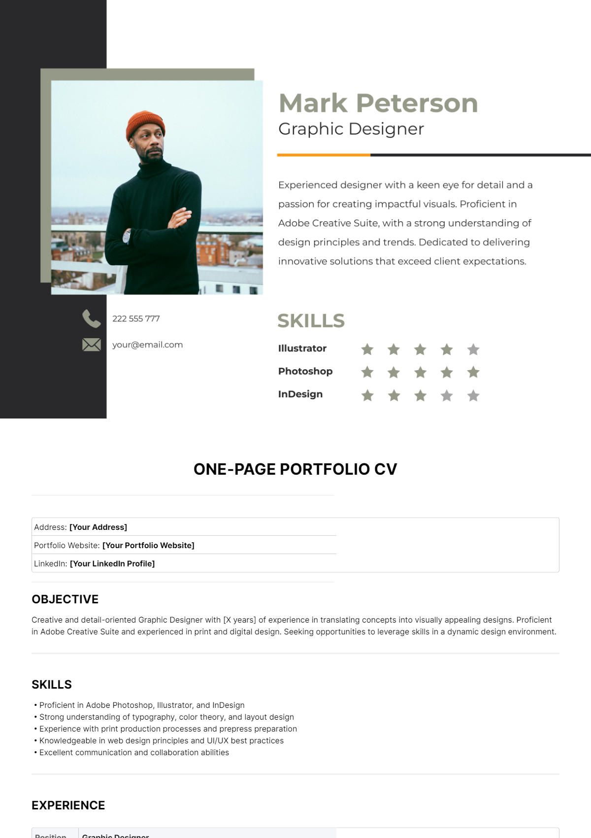 One Page Portfolio CV Template - Edit Online & Download