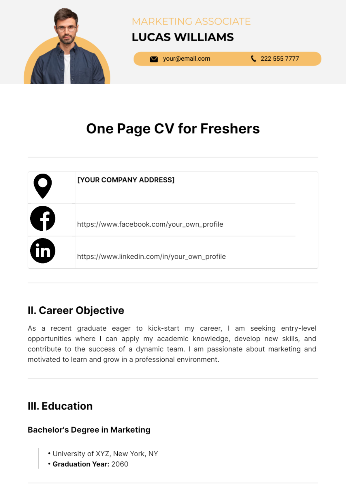 One Page CV for Freshers Template - Edit Online & Download