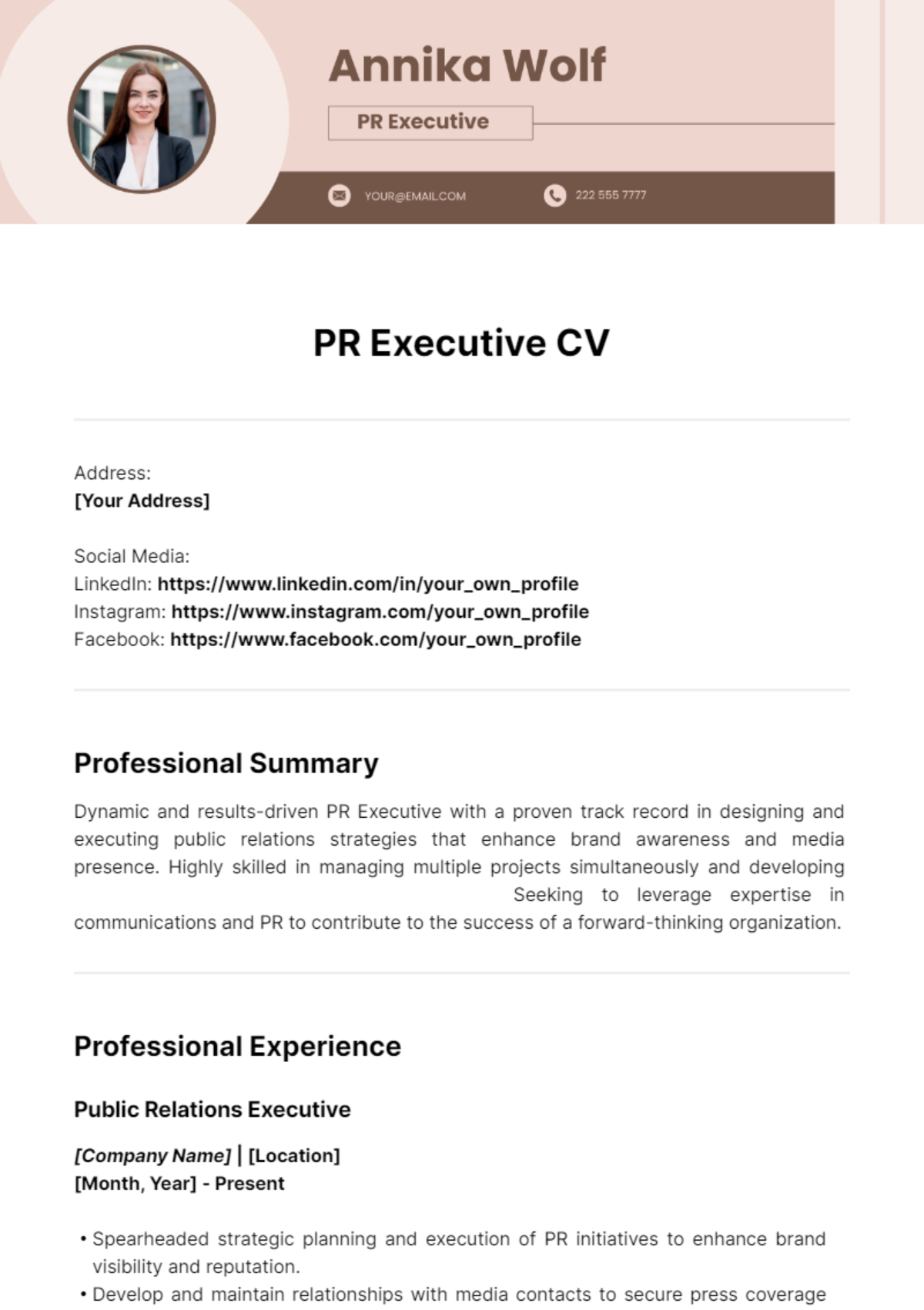 PR Executive CV Template