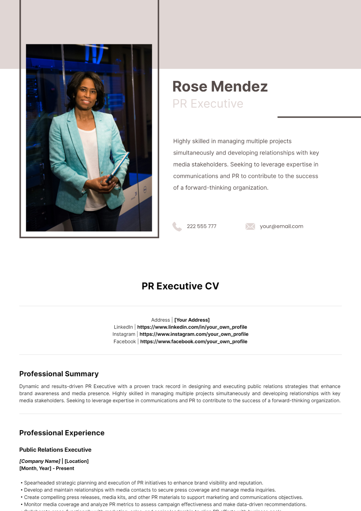 PR Executive CV Template - Edit Online & Download