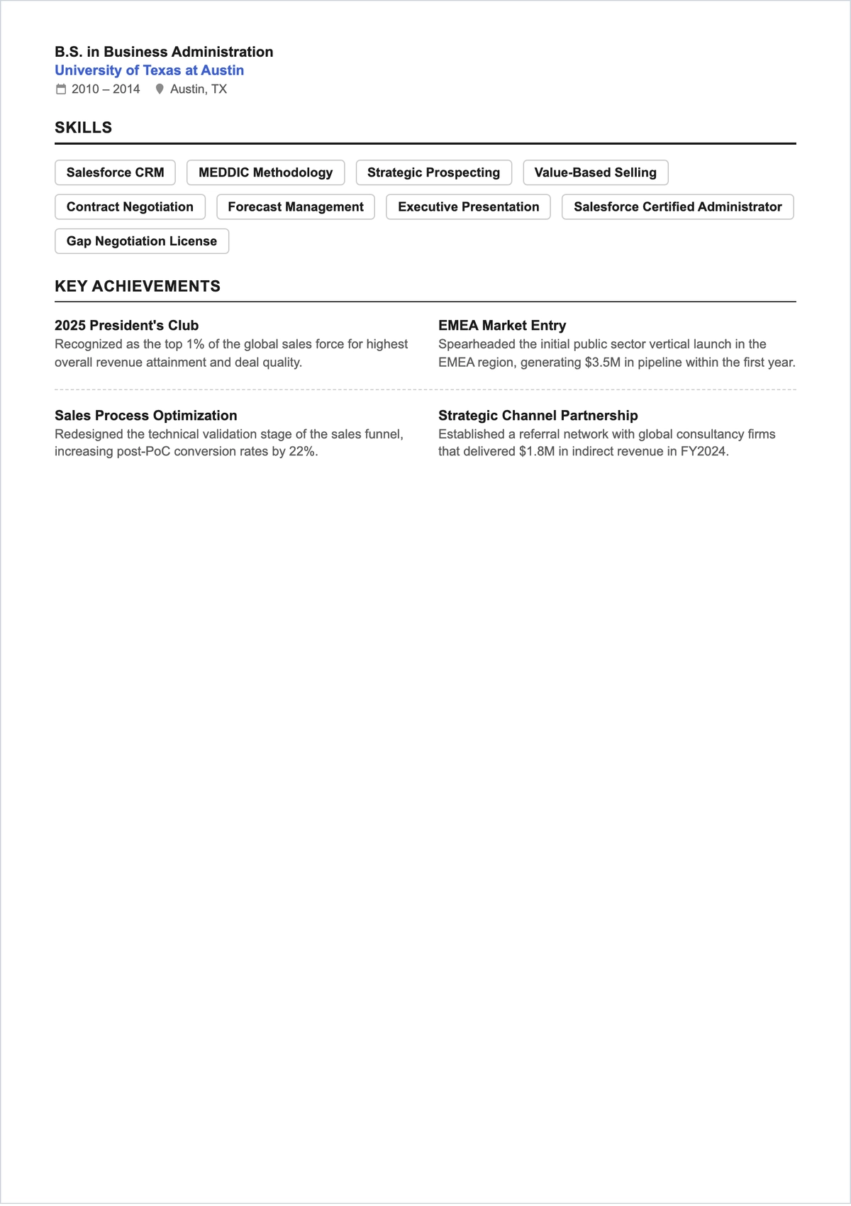 Free One Page Sales ATS CV Template, AI CV Builder