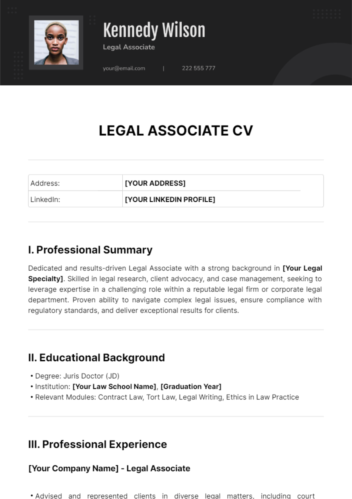 Legal Associate CV Template - Edit Online & Download