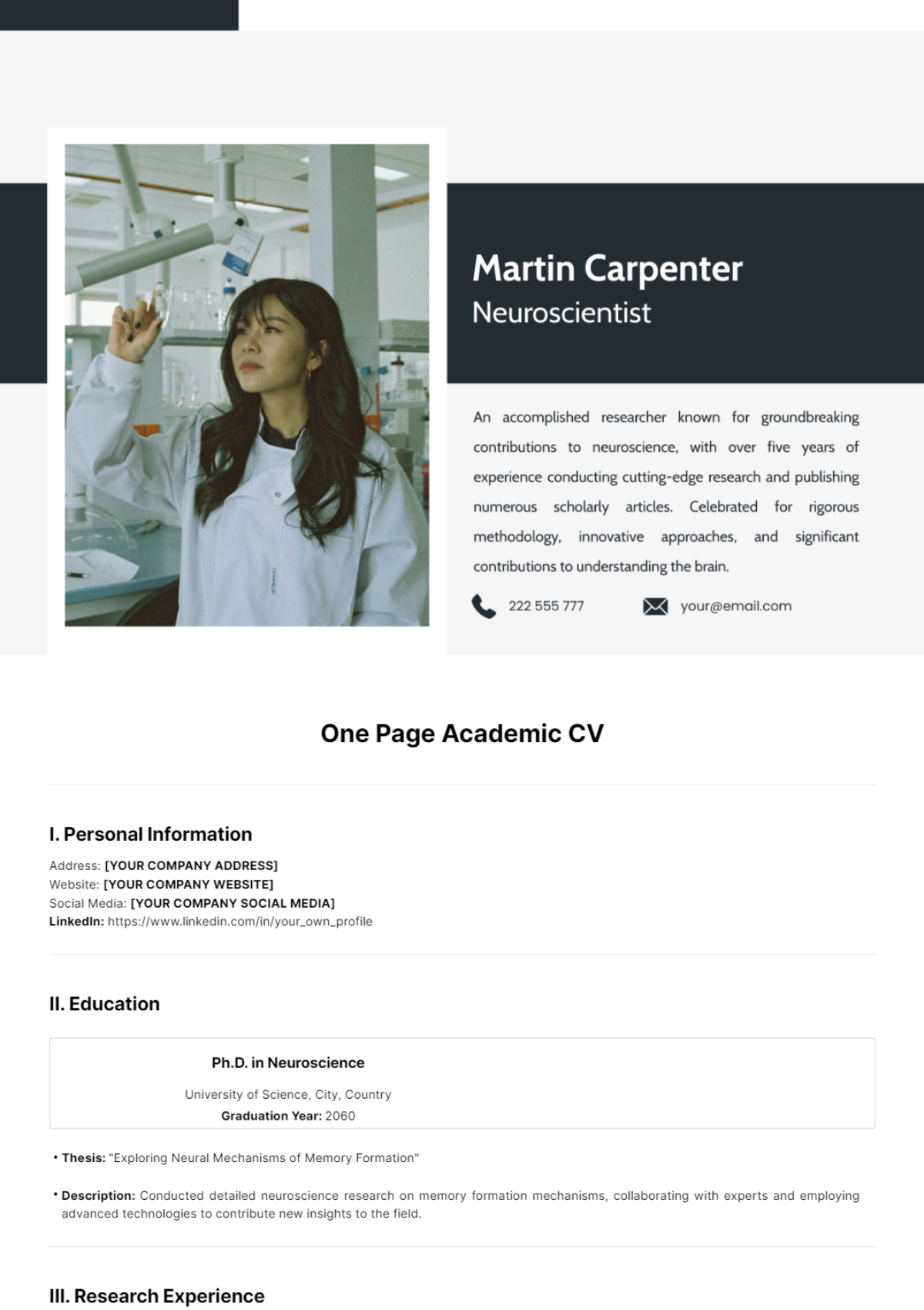 Free One Page Academic CV Template to Edit Online