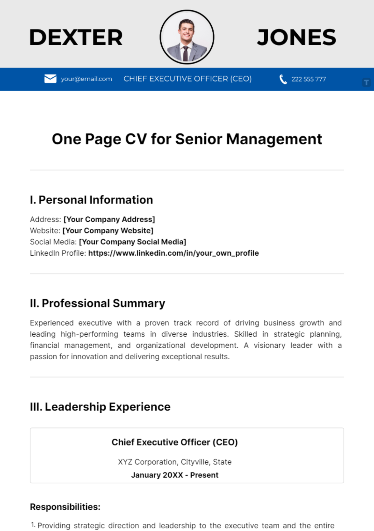 One Page CV for Senior Management Template - Edit Online & Download