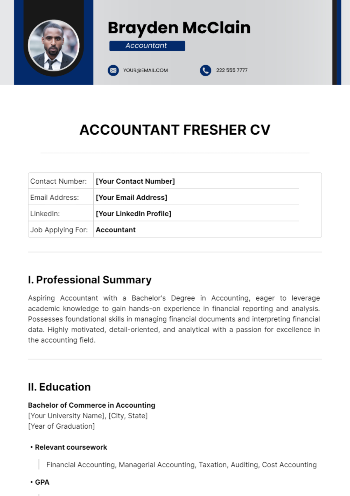 Accountant Fresher CV Template - Edit Online & Download