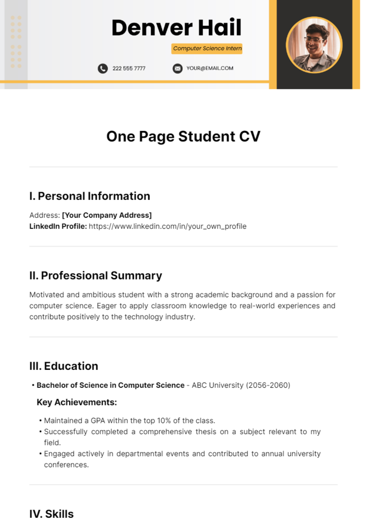 One Page Student CV Template - Edit Online & Download