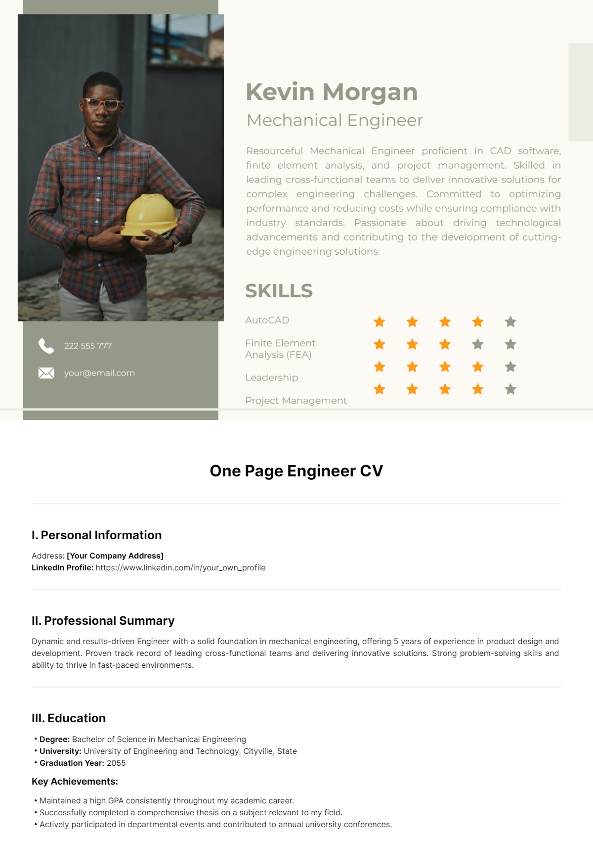 One Page Engineer CV Template - Edit Online & Download