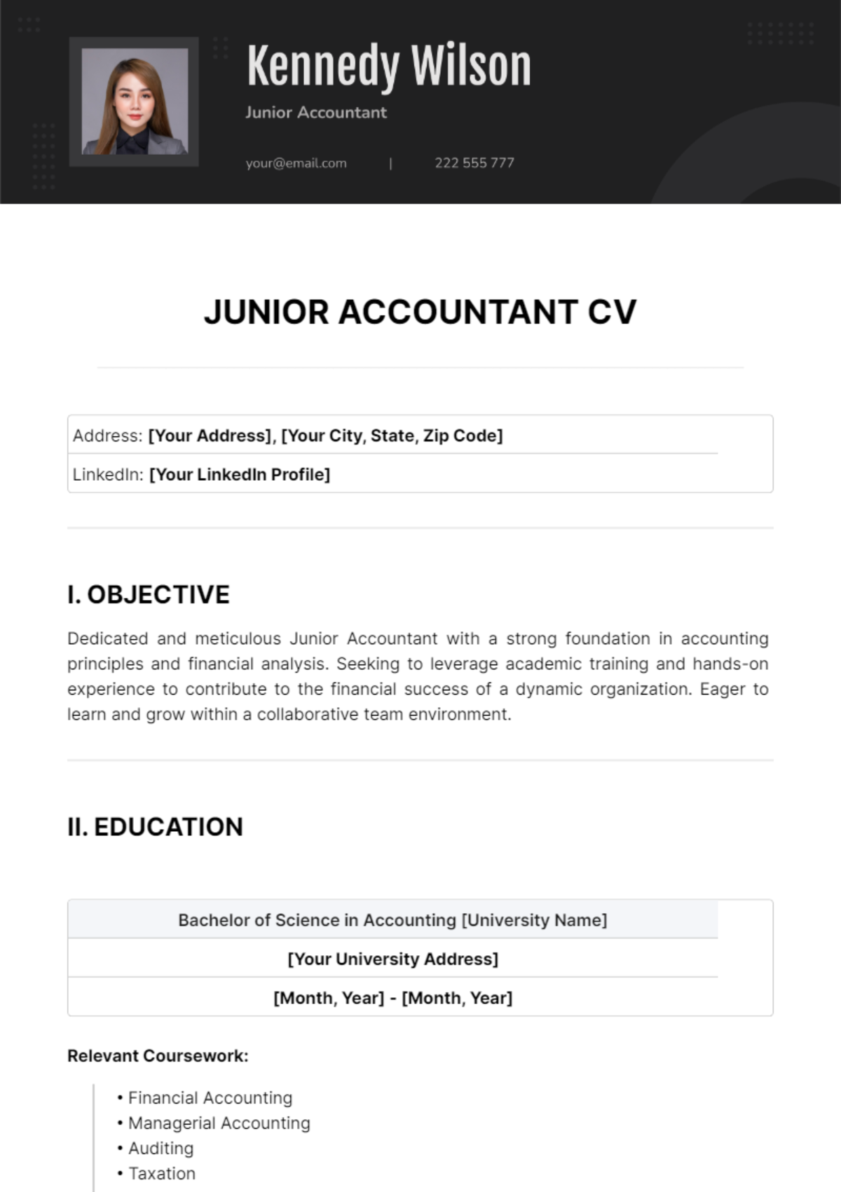 Junior Accountant CV Template - Edit Online & Download