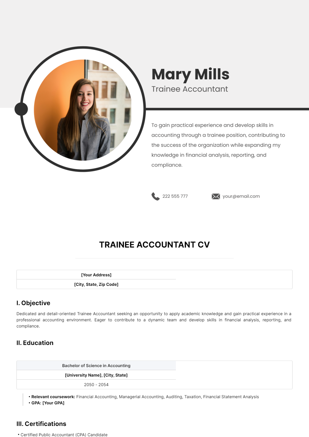 Trainee Accountant CV Template - Edit Online & Download