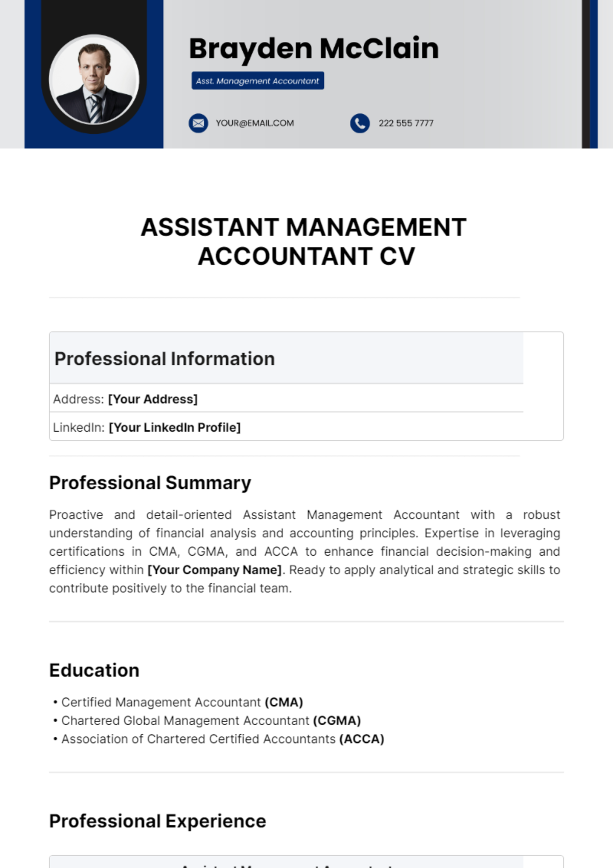 Assistant Management Accountant CV Template - Edit Online & Download