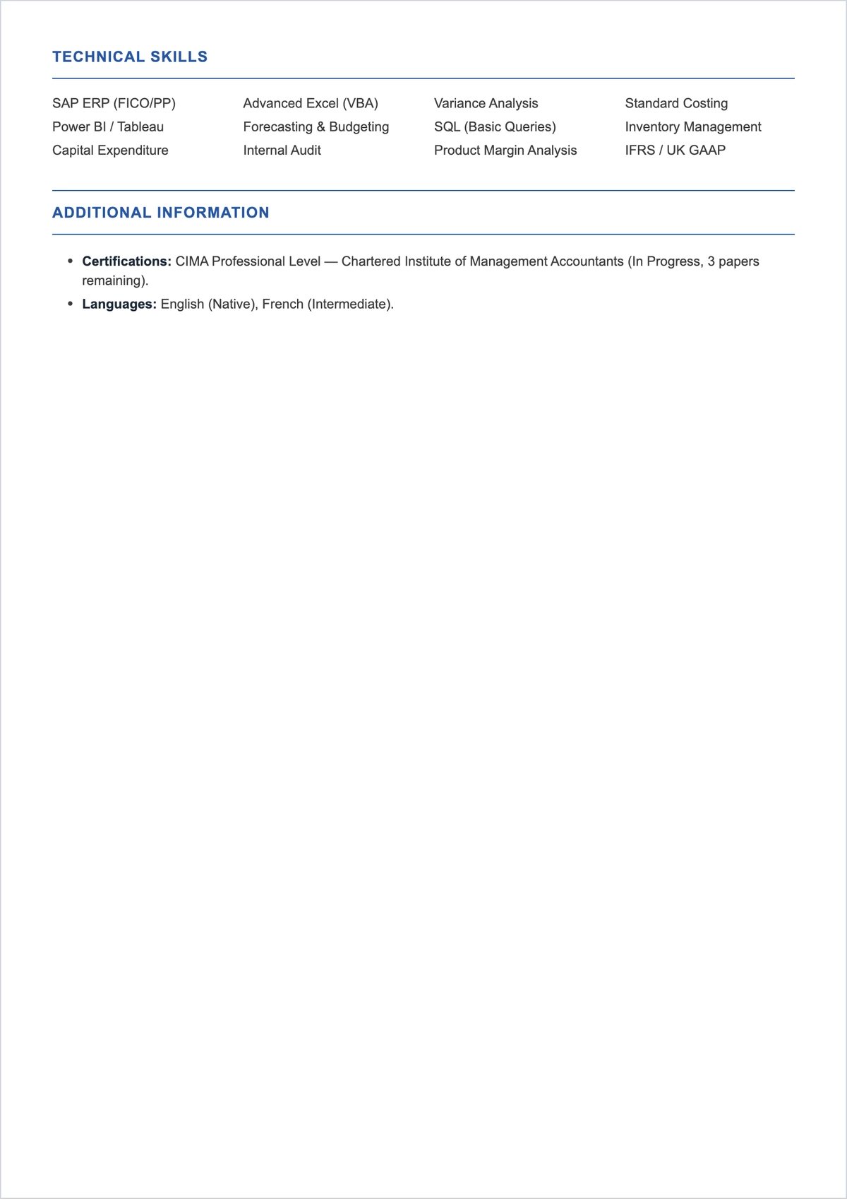 Free Assistant Management Accountant ATS CV Template, AI CV Builder