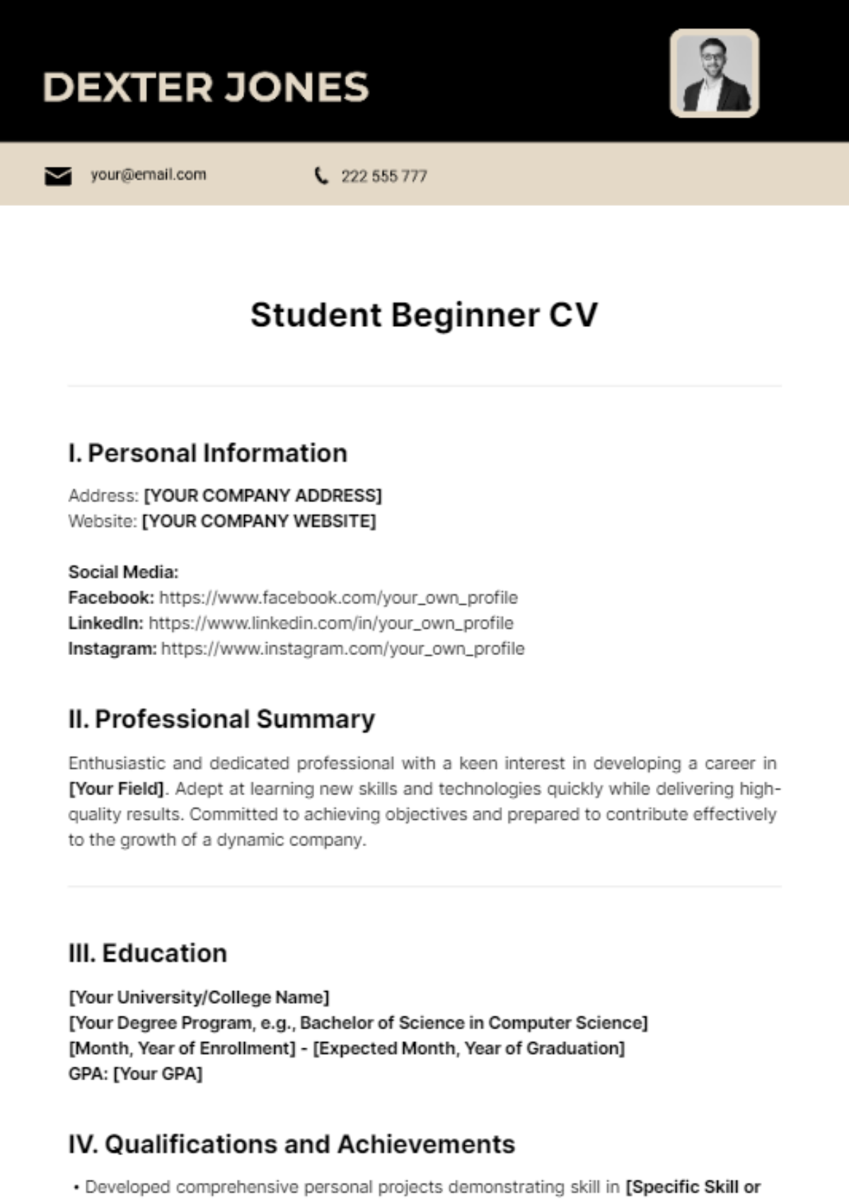 Student Beginner CV Template