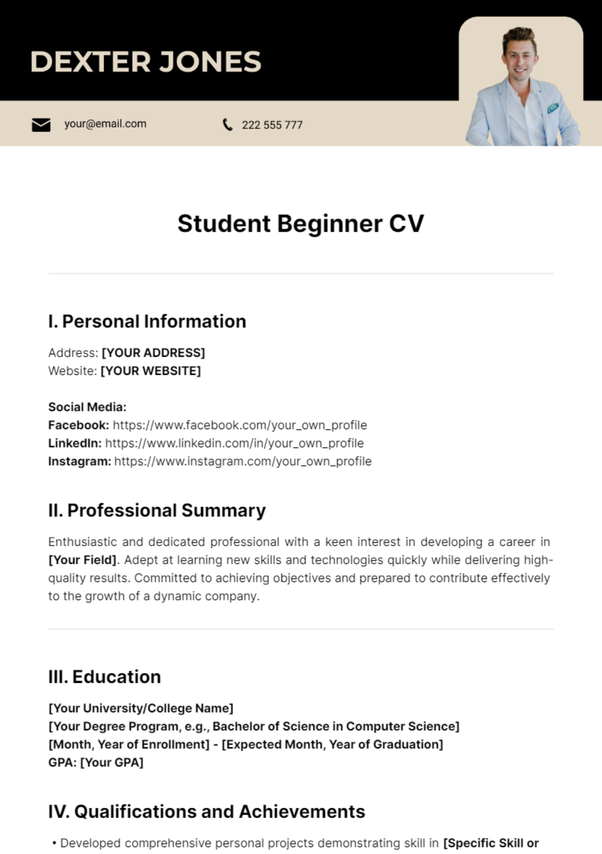 Student Beginner CV Template - Edit Online & Download