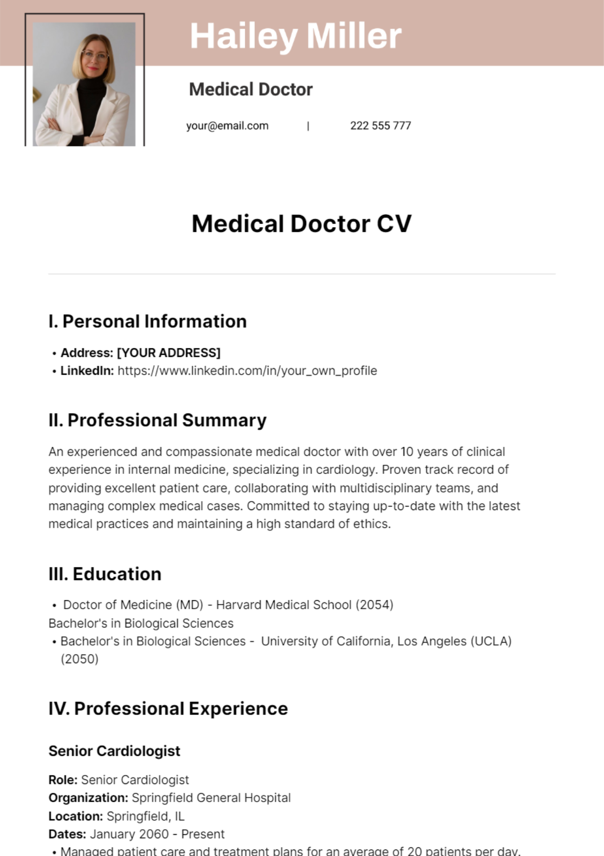 Free Medical Doctor CV Template to Edit Online