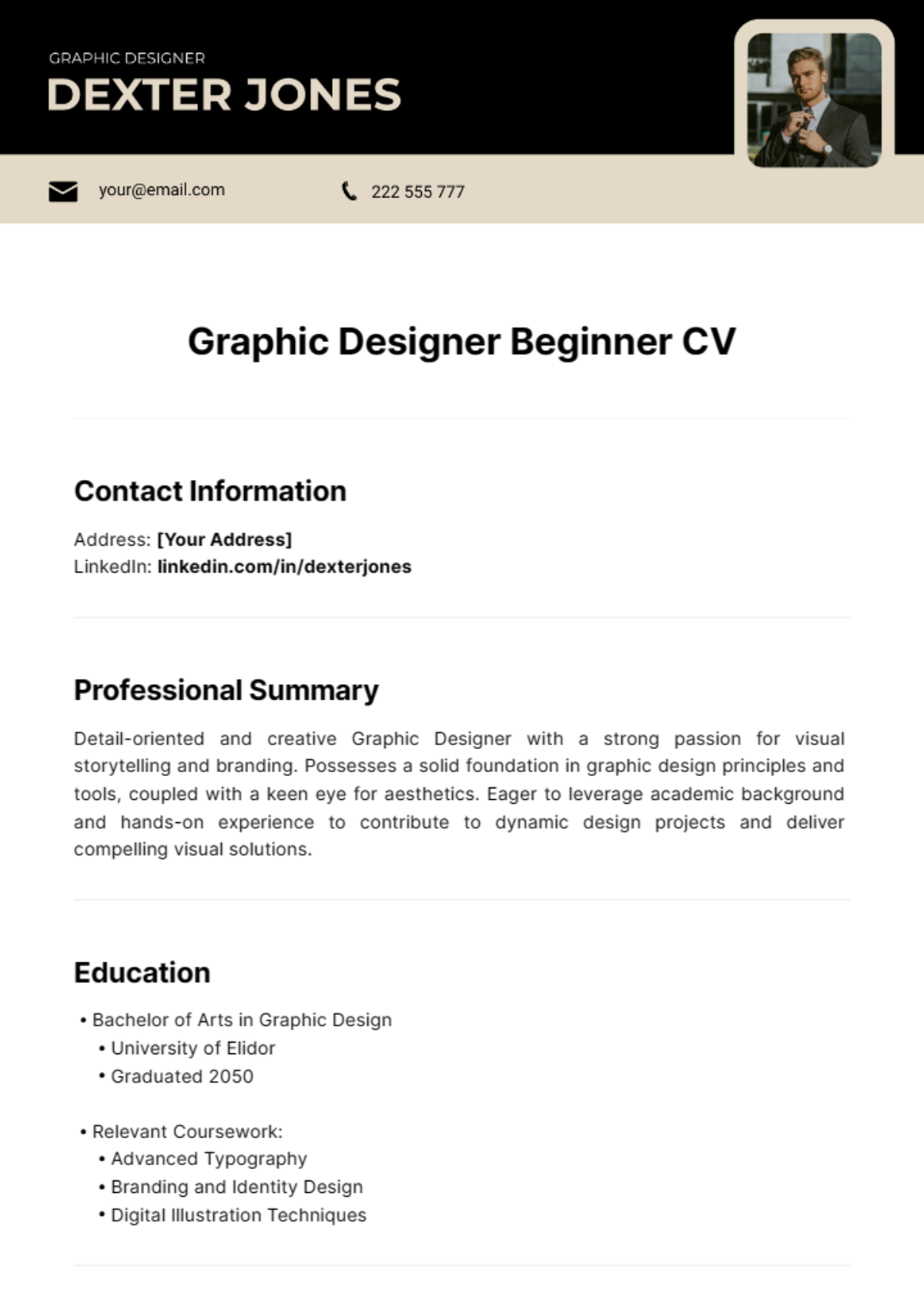 Graphic Designer Beginner CV Template - Edit Online & Download