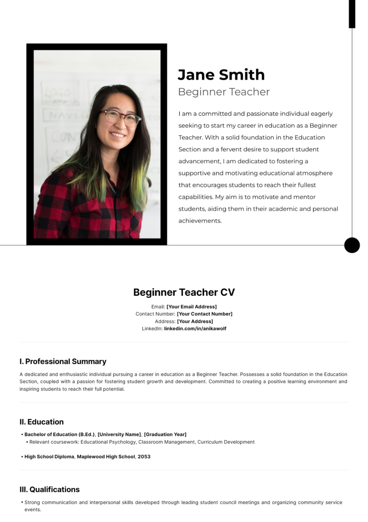 Beginner Teacher CV Template - Edit Online & Download