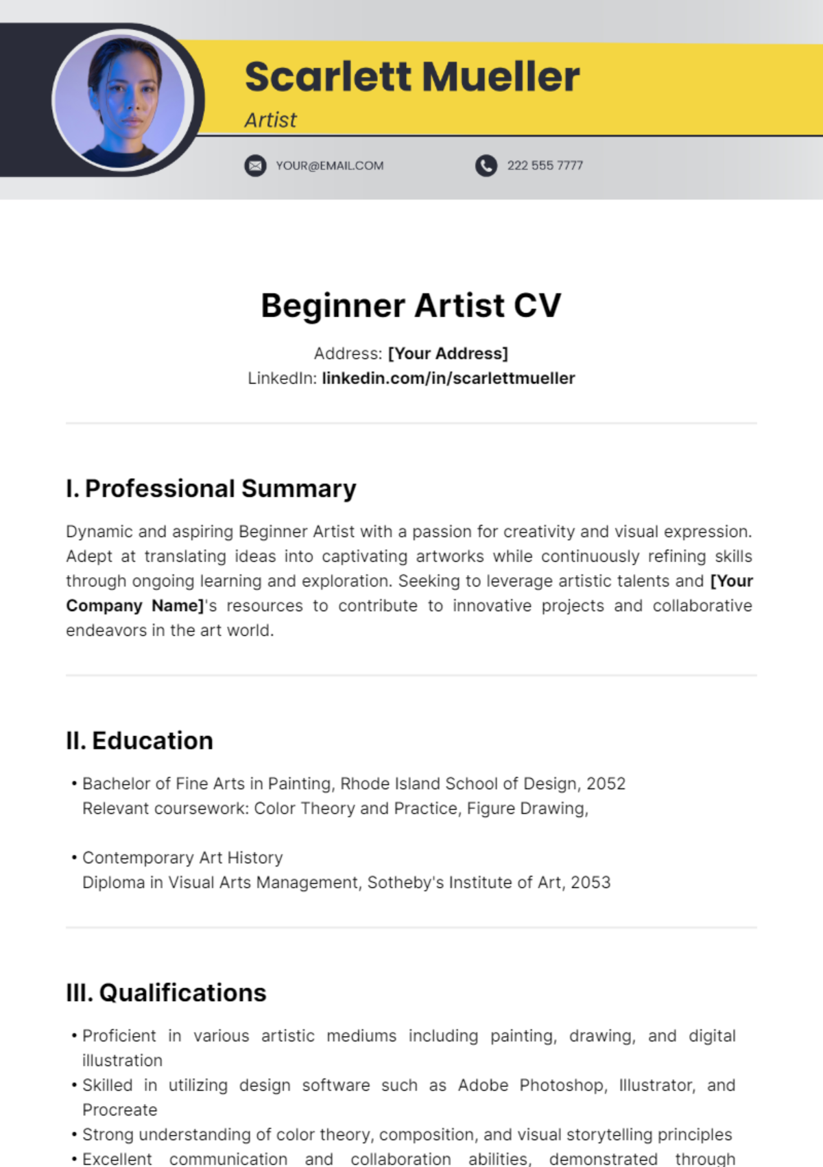 Beginner Artist CV Template - Edit Online & Download