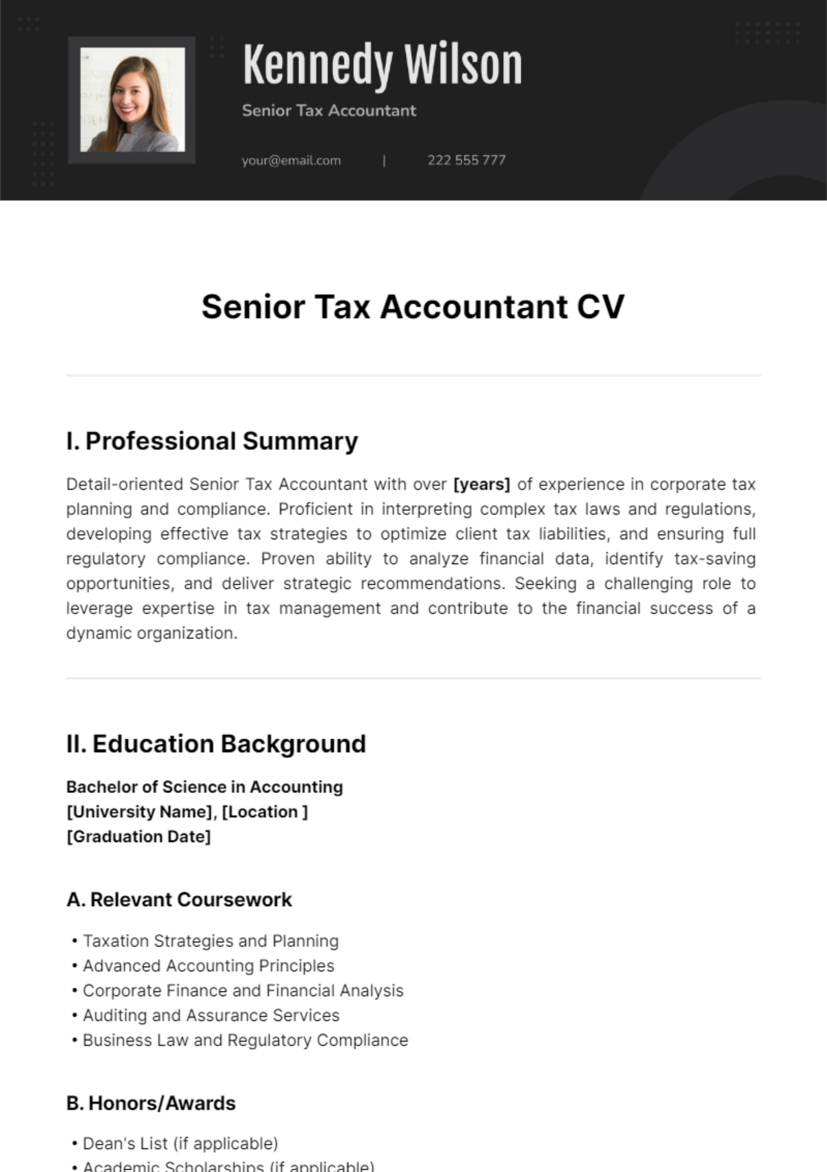 Senior Tax Accountant CV Template - Edit Online & Download