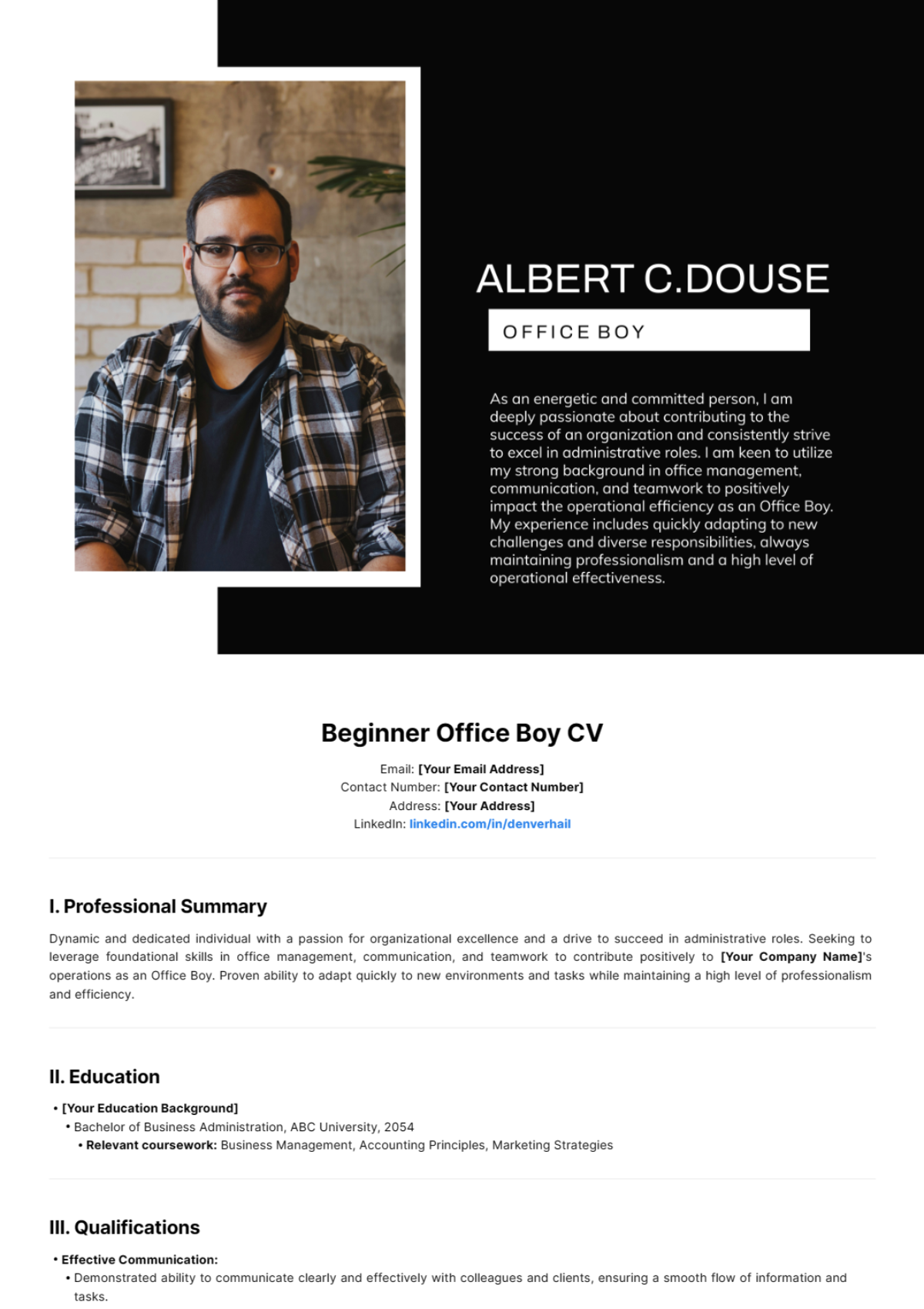 Free Beginner Office Boy CV Template - Edit Online & Download ...