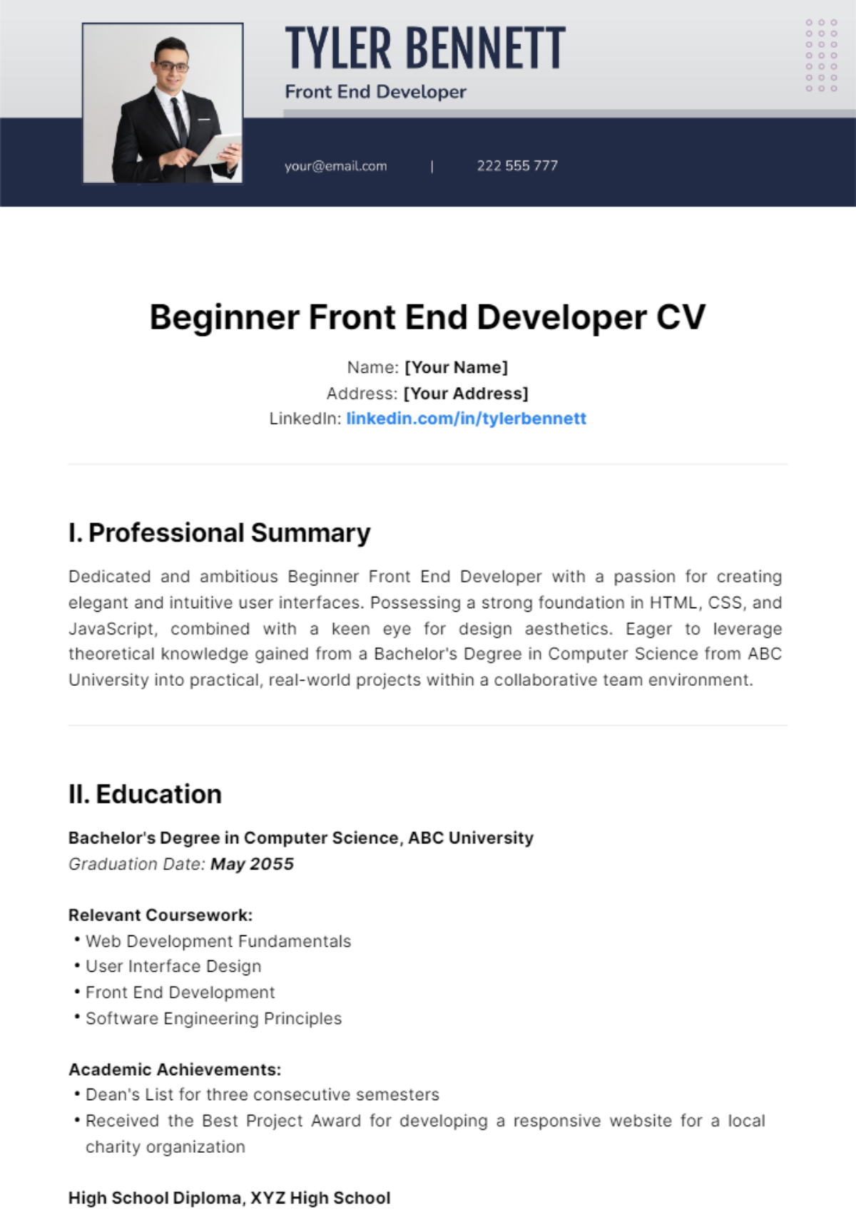 Free Beginner Front End Developer CV Template