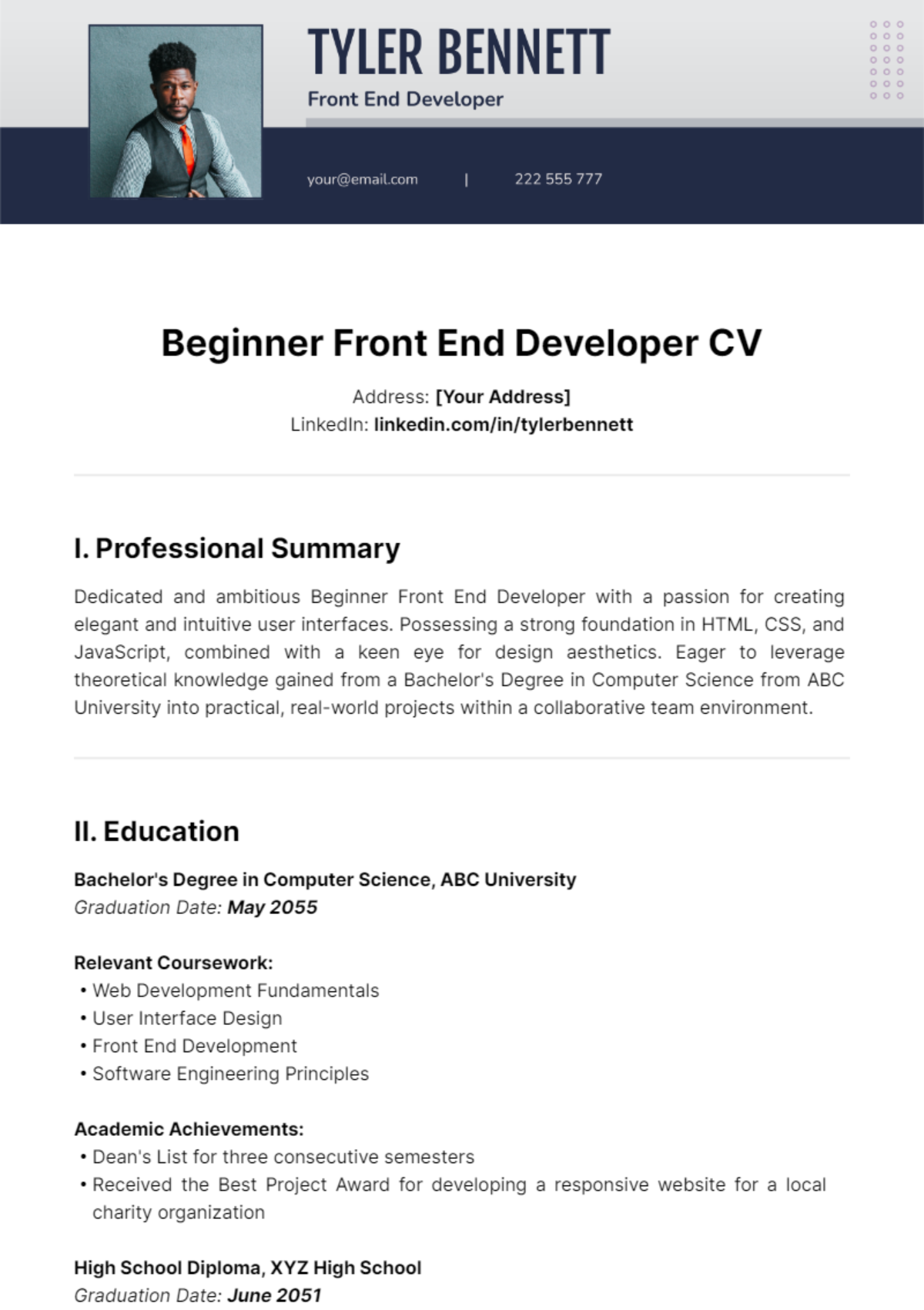 Beginner Front End Developer CV Template - Edit Online & Download